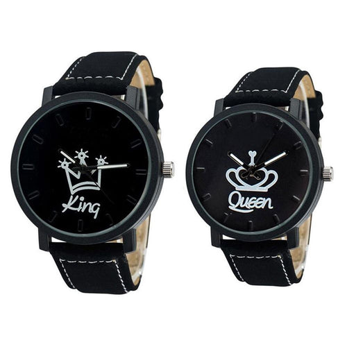 New Couple Queen King Crown Fuax Leather Quartz Analog Wrist Watch Chronograph Party Gift Letter Print Queen KingQ Couple Watch